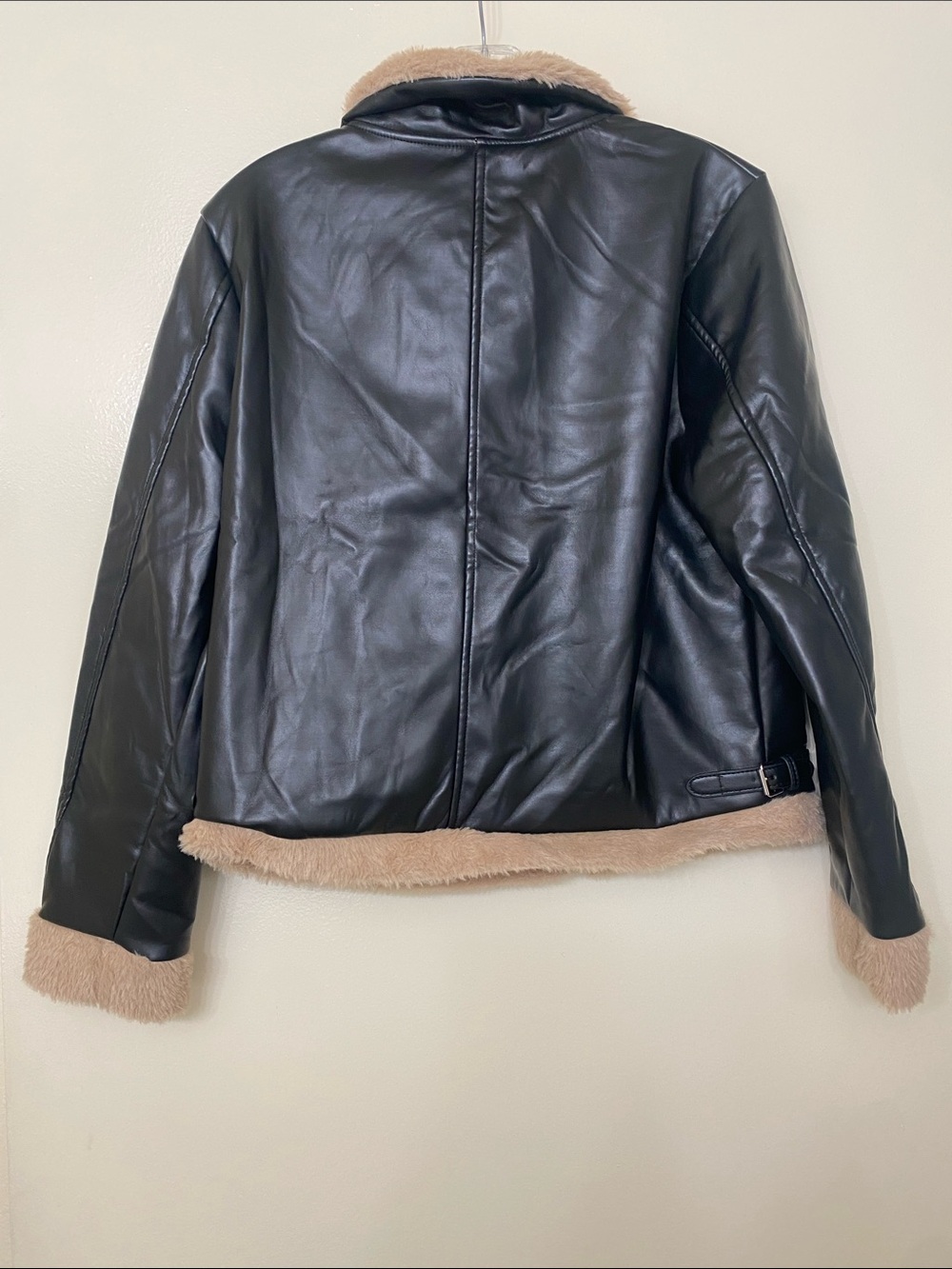 Faux Leather Black Moto Jacket with Tan Sherpa Trim - Picture 3 of 4